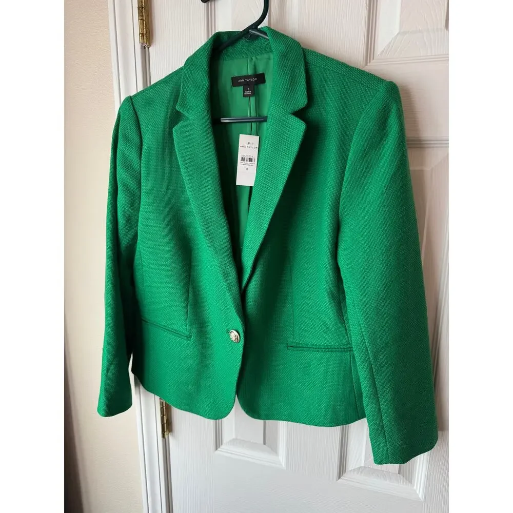 Ann Taylor Women’s Blazer Size 8 Green Gold Textured Classic Tailored - Picture 1 of 8